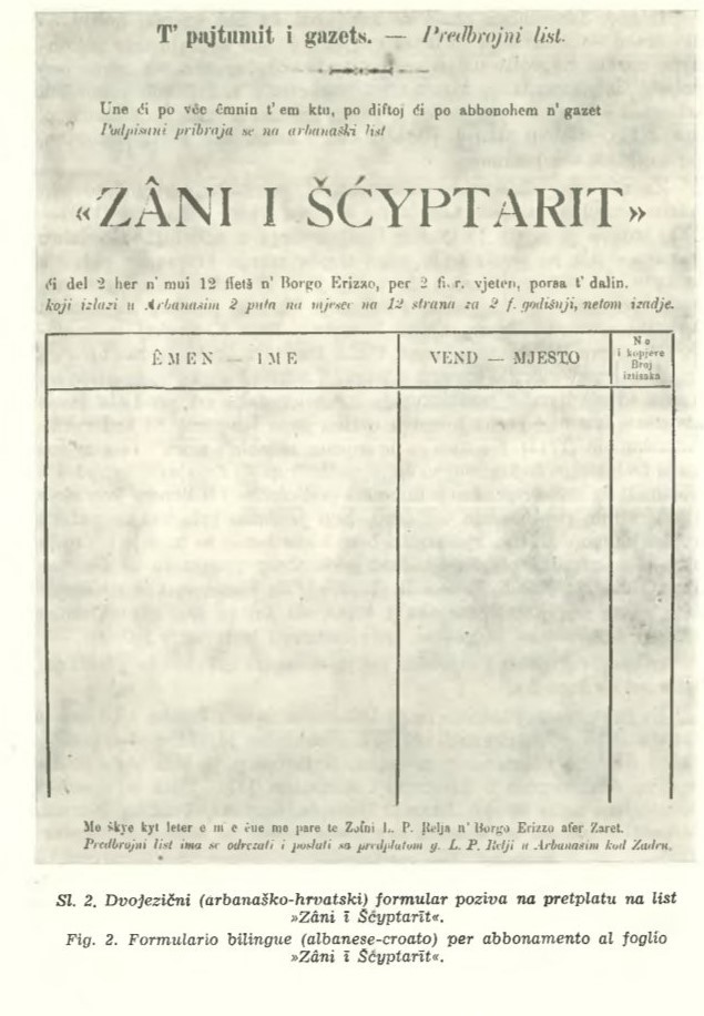 Formulari i i abonimit të qytetarëve për gazetën -Zani i Shyptarit